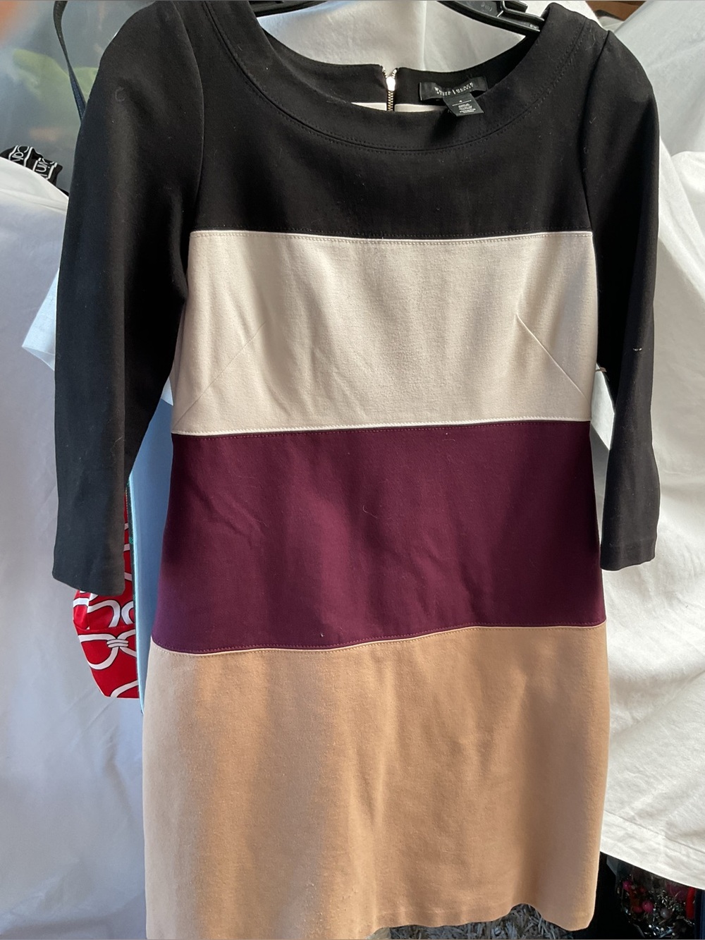 White and  Black, Cream, Burgundy & Tan Colorblock Shift Dress